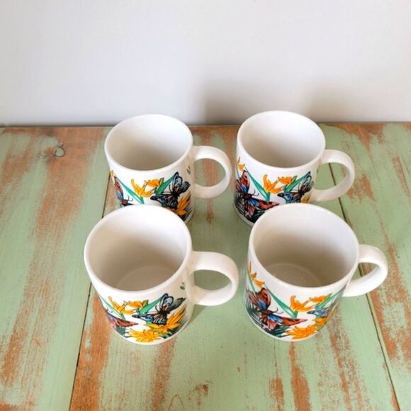 Vintage Butterfly & Flora Panstone Tropical Ceramic Set of 4 Coffee Mugs - Picture 12 of 15
